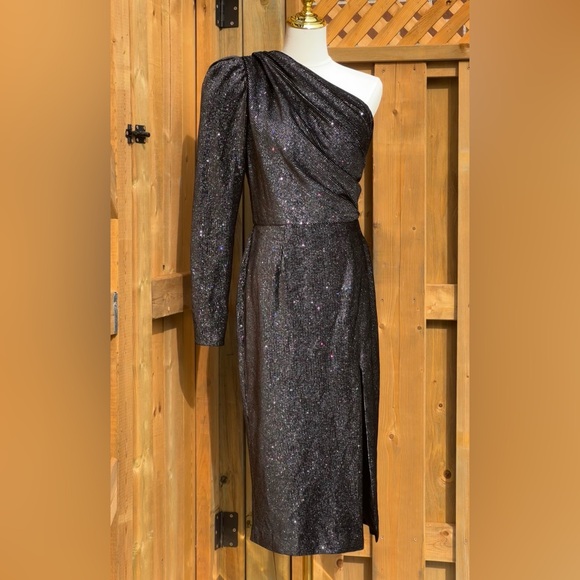 🆕 BRONX & BANCO 🧿NWT Belle One Shoulder Dress, Black Glitter Velvet, Sz M US 6 - Picture 5 of 17